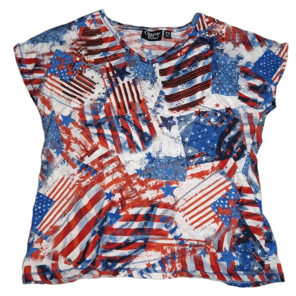 Onque Patriotic Flag Shirt Women PM Petite Medium Sequins 4th of July Summer Tee
